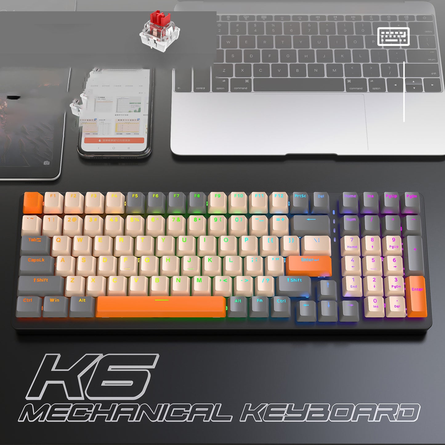 K6 Mechanical Keyboard Wireless 5.0 BT 2.4 Ghz Wired Three Modes Backlit Bluetooth Gamer Keyboard 100 Keys Keycaps Pc Gamer